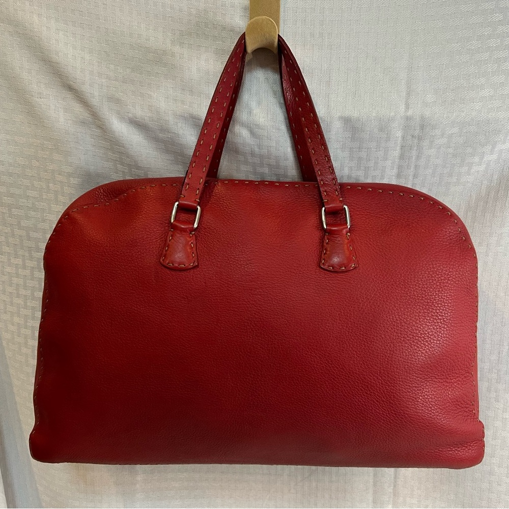 Fendi Selleria Red Leather Satchel Boston Bag Hand Stitched
